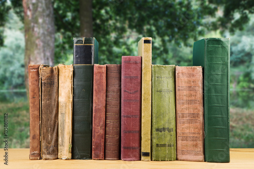 stack of books over the natural background