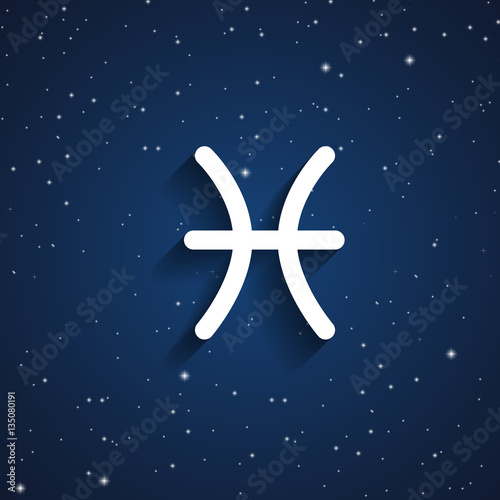 Pisces zodiac symbol, white zodiac icon on the background of dark blue starry sky
