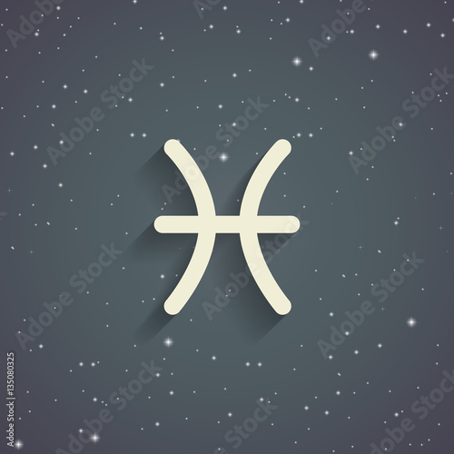 Pisces zodiac symbol, zodiac icon on the background of gray starry sky