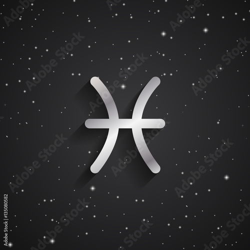 Pisces zodiac symbol, silver zodiac icon on the background of black starry sky
