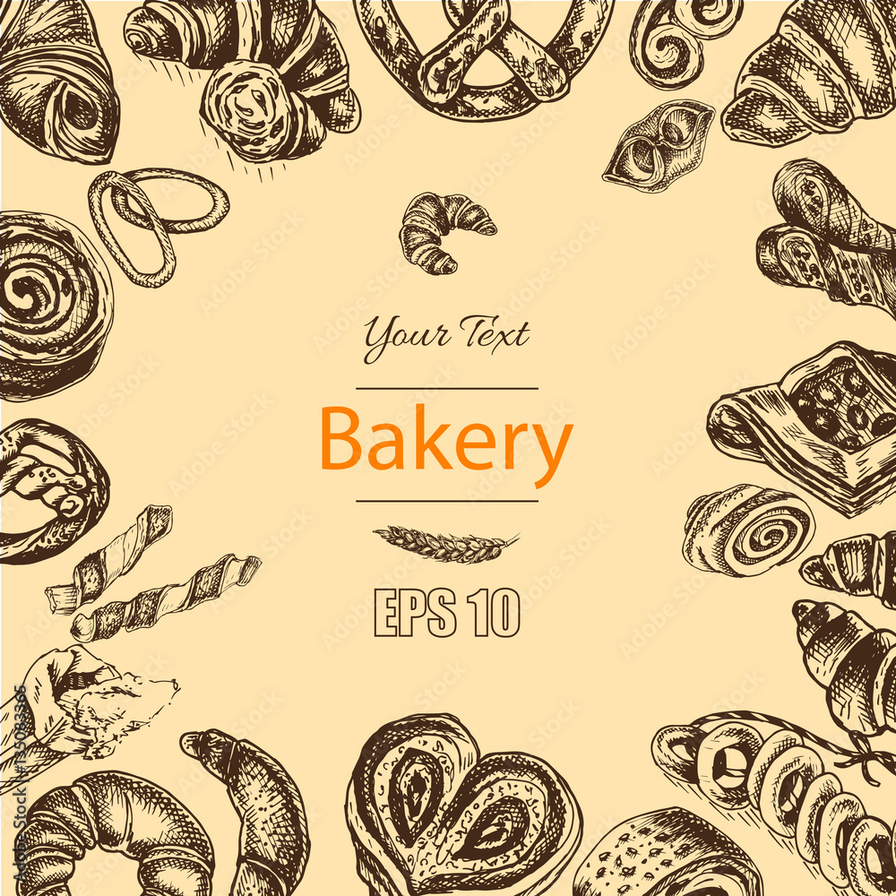 Vector illustration sketch - bakery. croissant, buns, puffs. French bakery with fresh pastries