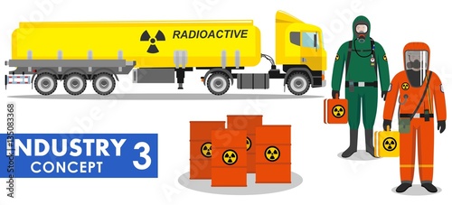 Industry concept. Detailed illustration of cistern truck carrying chemical, radioactive, toxic, hazardous substances and workers in protective suit on white background in flat style. Vector