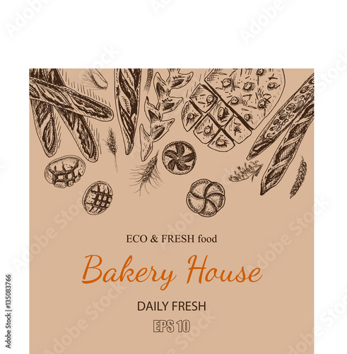 Vector illustration sketch - bakery. bread, loaf, baguette. Card bakery house with fresh pastry.
