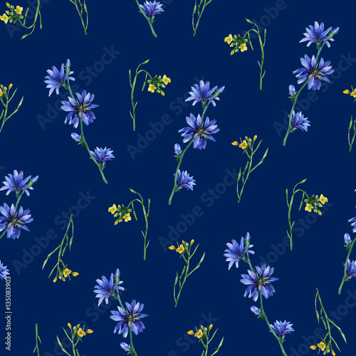 Seamless pattern with yellow rocket and blue chicory flowers. Hand drawn watercolor painting on dark blue background.