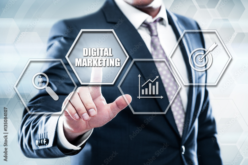 Business, technology, internet concept on hexagons and transparent honeycomb background. Businessman pressing button on touch screen interface and select digital marketing Business, technology, internet concept on hexagons and transparent honeycomb background. Businessman pressing button on touch screen interface and select digital marketing