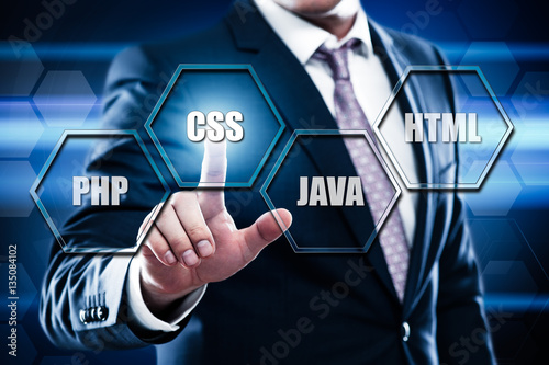 Business, technology, internet concept on hexagons and transparent honeycomb background. Businessman pressing button on touch screen interface and select css