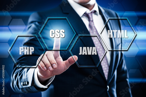 Business, technology, internet concept on hexagons and transparent honeycomb background. Businessman pressing button on touch screen interface and select css photo