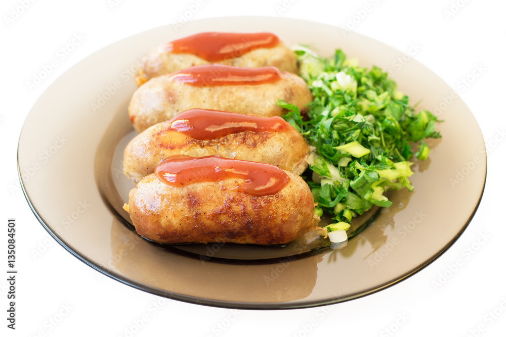 Homemade fried sausages with herbs isolated on white background. Homemade fried sausages with herbs isolated on white background.