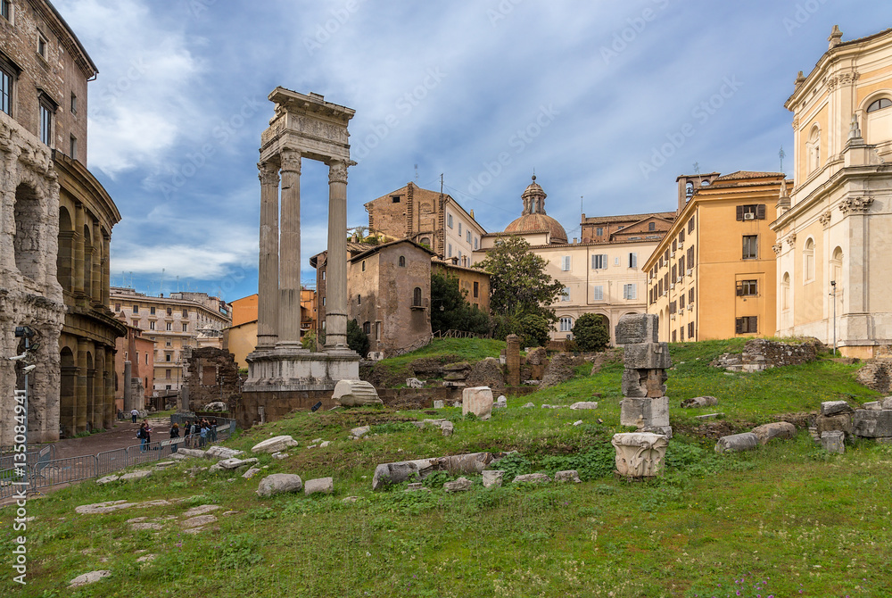 Rome, Italy. The ruins of the Temple of Apollo Sosianus about Marcellus Theatre