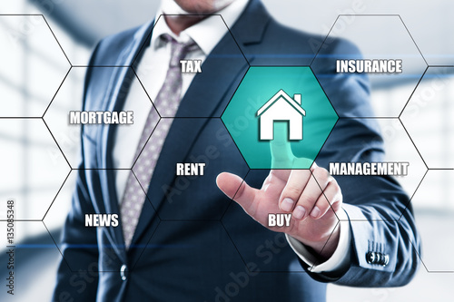 Property Management Real Estate Mortgage Rent Buy concept on the hexagons and transparent honeycomb structure presentation screen. Man pressing button on display with word in modern office