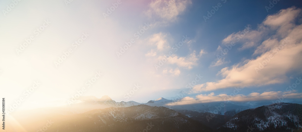 View on sunset at winter mountains Tatry, Poland