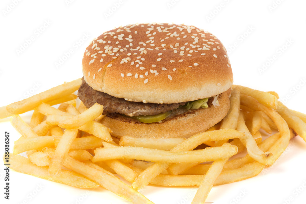Big burger and french fries on white background Big burger and french fries on white background