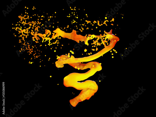 3D illustration of orange juice vortex, juice whirlpool. Juicy twister tornado isolated on black