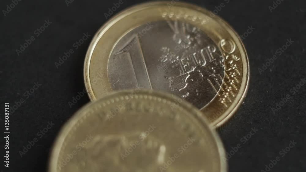 Pound Coins and Euro coins with macro shot, brexit concept, slow motion. Pound Coins and Euro coins with macro shot, brexit concept, slow motion.