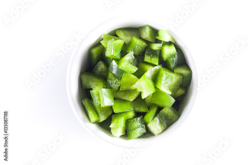 Diced Green Pepper in white bowl