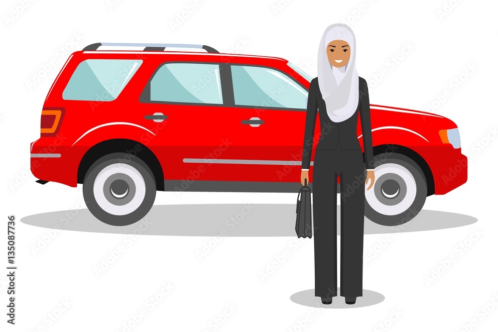 Muslim businesswoman standing near the red car on white background in flat style. Business concept. Detailed illustration of automobile and saudi arabic woman. Flat design people character. Vector
