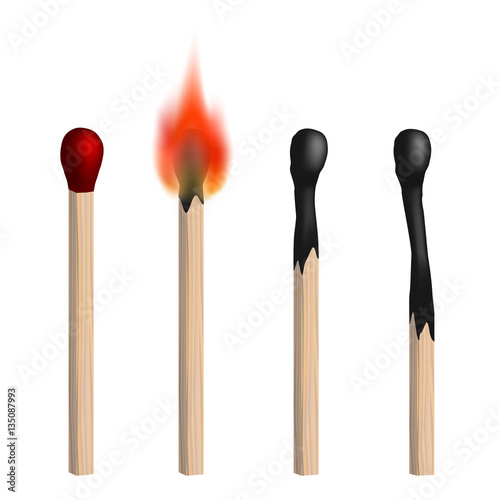 Set of vector isolated realistic matches. New, burning and burned matches on white background.