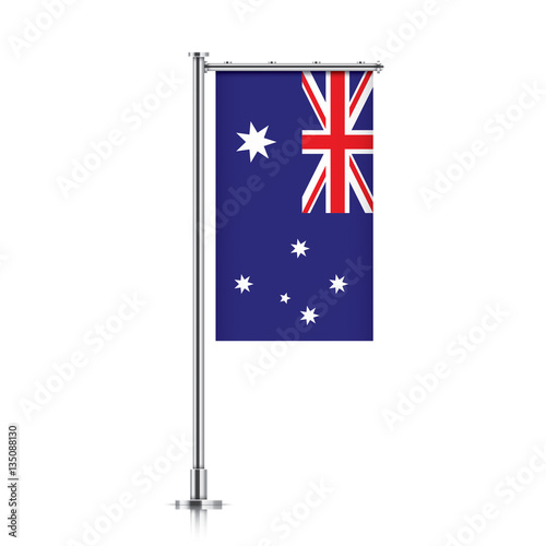 Australia vector banner flag hanging on a silver metallic pole. Vertical Australia flag template isolated on a white background.