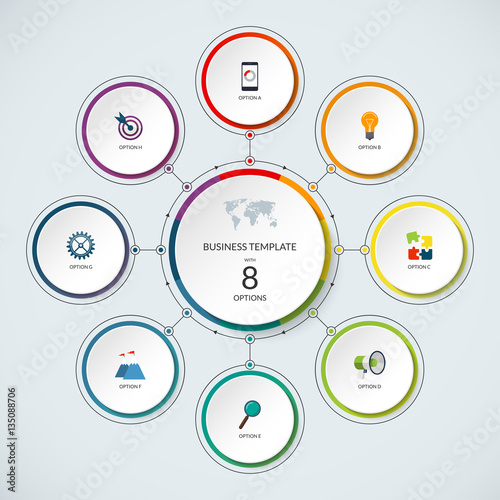 Infographic circle. Modern minimalistic template with 8 options. Vector banner, what can be used as circular chart, cycle diagram, graph, workflow layout for report, business presentation, web design.