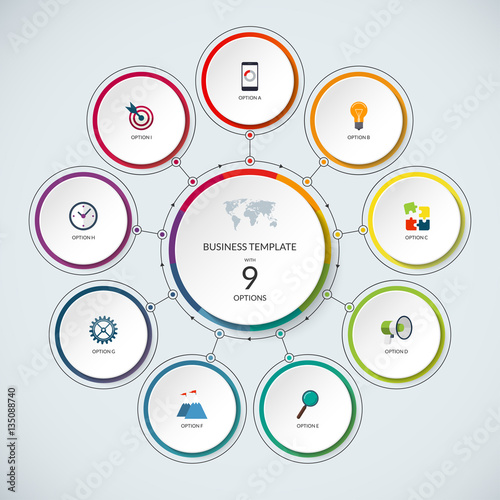 Infographic circle. Modern minimalistic template with 9 options. Vector banner, what can be used as circular chart, cycle diagram, graph, workflow layout for report, business presentation, web design.