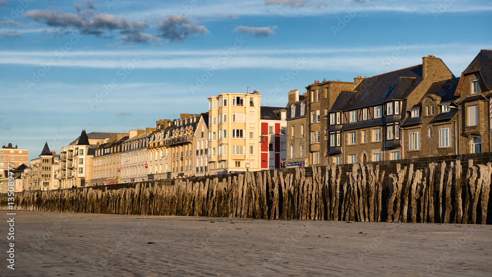Buildings, beach and stone Walls in Saint-Malo, France