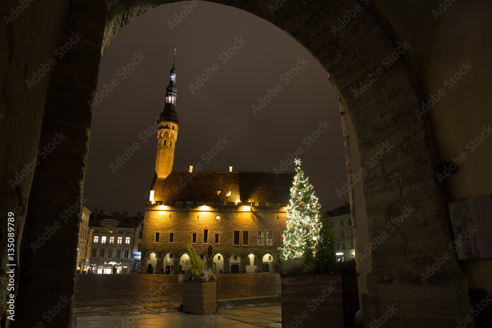Tallinn Town Hall with Christmas tree at the square