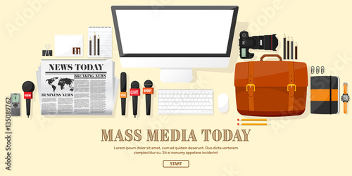 Mass media background in a flat style.Press conference with correspondent and reporter.Broadcasting.Multimedia news,newspaper.Tv show. Internet radio, television. Microphone.