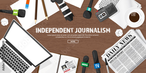 Mass media background in a flat style.Press conference with correspondent and reporter.Broadcasting.Multimedia news,newspaper.Tv show. Internet radio, television. Microphone.