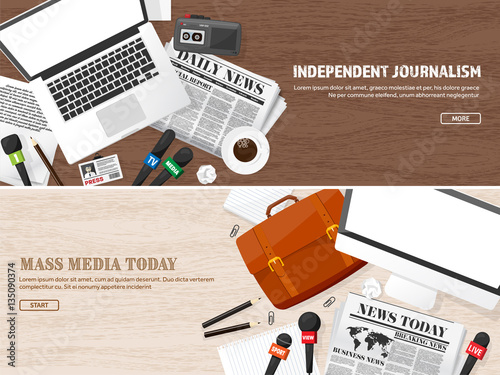 Mass media background in a flat style.Press conference with correspondent and reporter.Broadcasting.Multimedia news,newspaper.Tv show. Internet radio, television. Microphone.