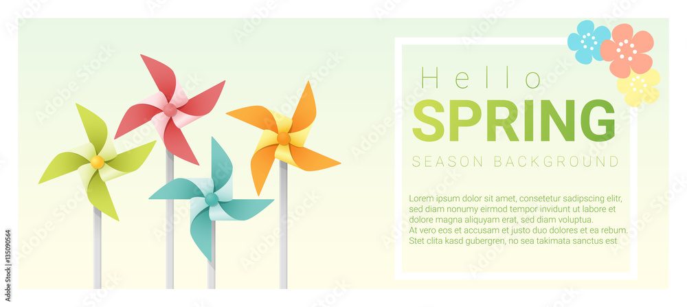 Hello spring background with colorful pinwheels , vector , illustration