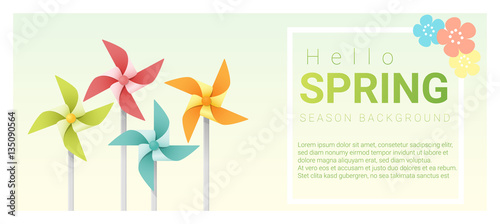 Hello spring background with colorful pinwheels , vector , illustration