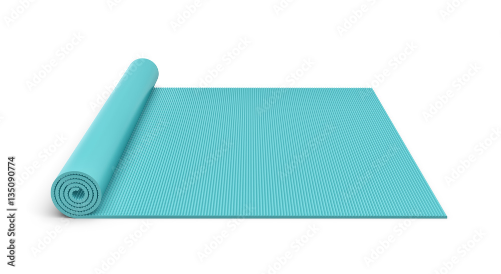 Rendering of blue half rolled yoga mat isolated on white background. Rendering of blue half rolled yoga mat isolated on white background.