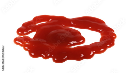 red ketchup splashes isolated on white background, tomato puree texture
