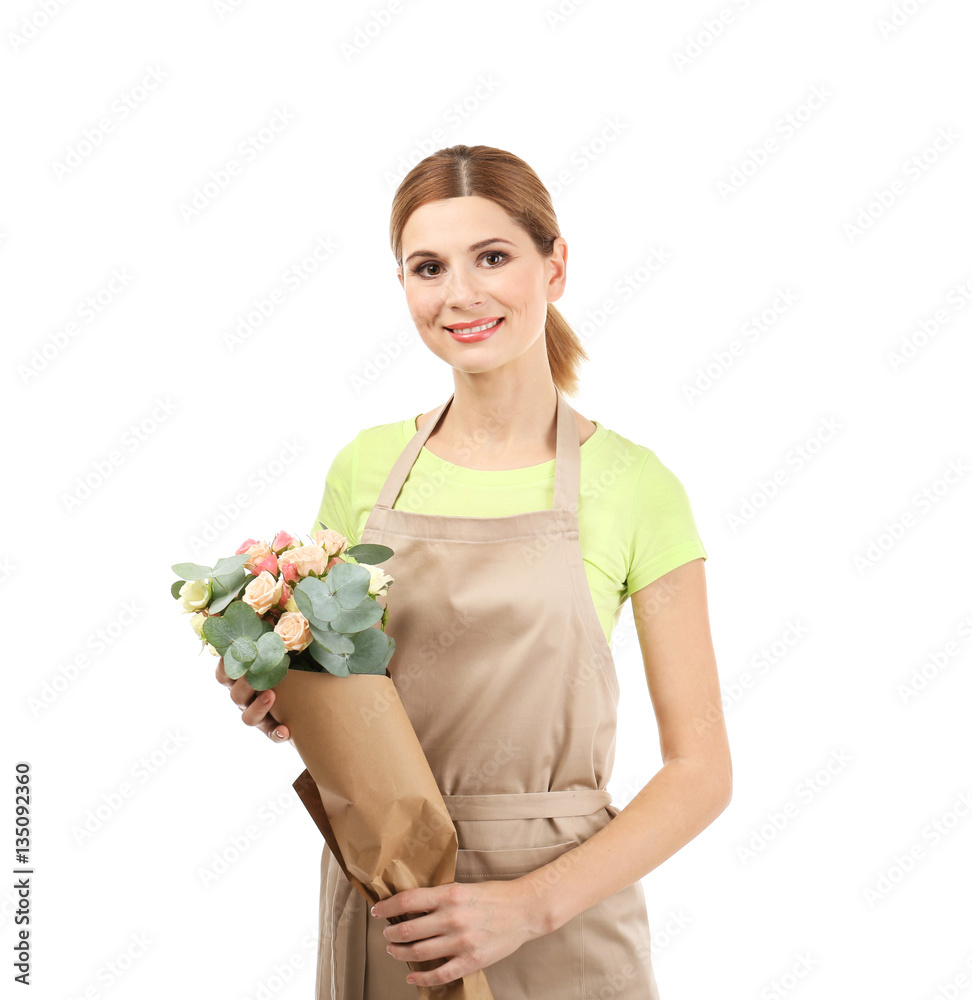 Beautiful woman florist holding flower bouquet isolated on white background Beautiful woman florist holding flower bouquet isolated on white background