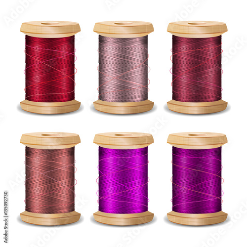 Thread Spool Set. Bright Old Wooden   Bobbin. Isolated On White Background For Needlework And Needlecraft. Stock Vector Illustration