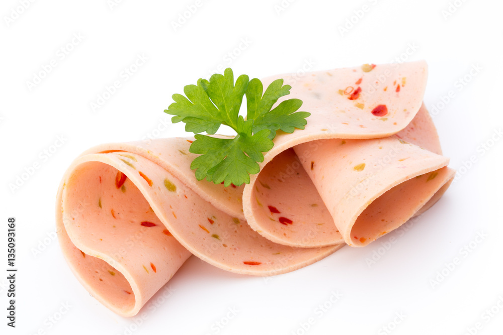 Sliced boiled ham sausage isolated on white background, top view Sliced boiled ham sausage isolated on white background, top view