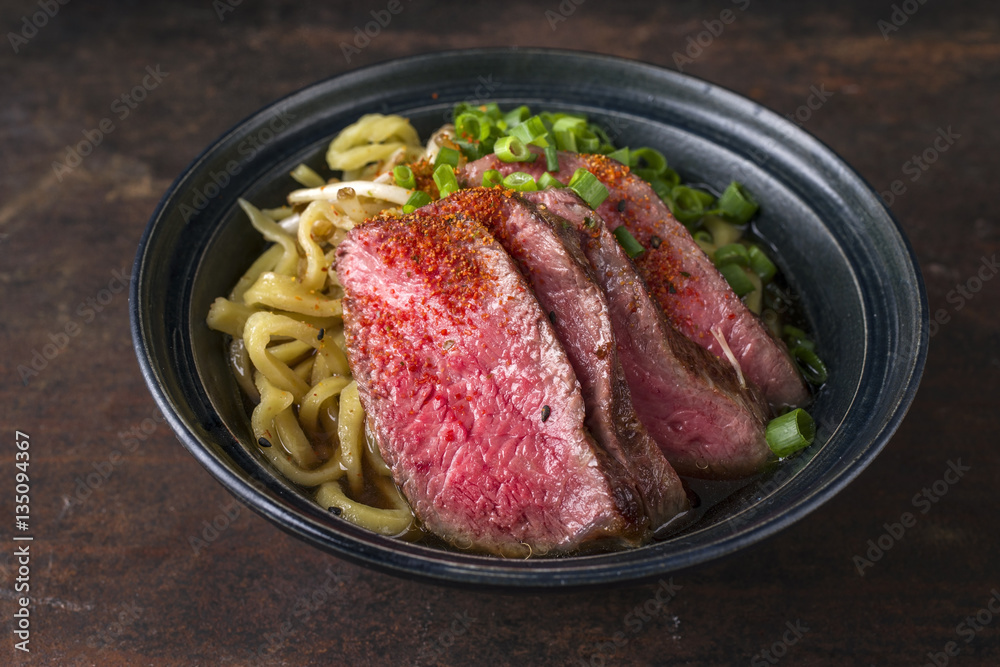 Traditonal Japanese Ramen Soup with Wagyu Beef Filet in Bowl