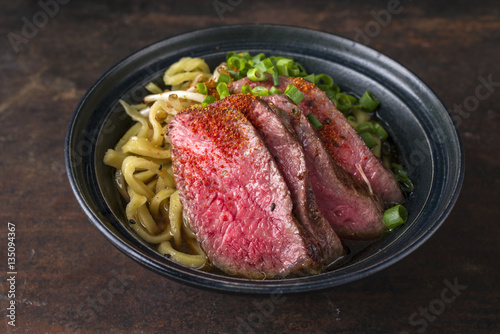 Traditonal Japanese Ramen Soup with Wagyu Beef Filet in Bowl
