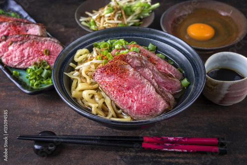 Traditional Japanese Ramen Soup with Wagyu Beef Filet in Bowl