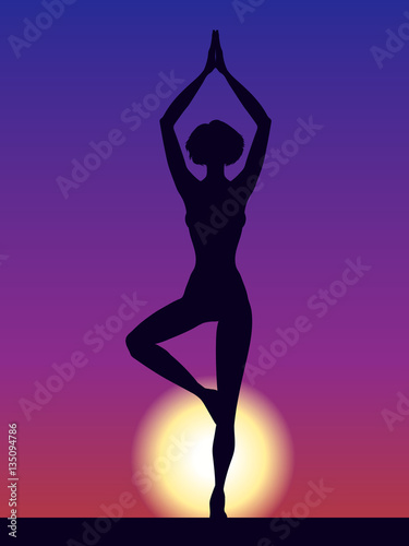Silhouette of woman vector illustration. Pose Vrikshasana. Girl Meditation yoga