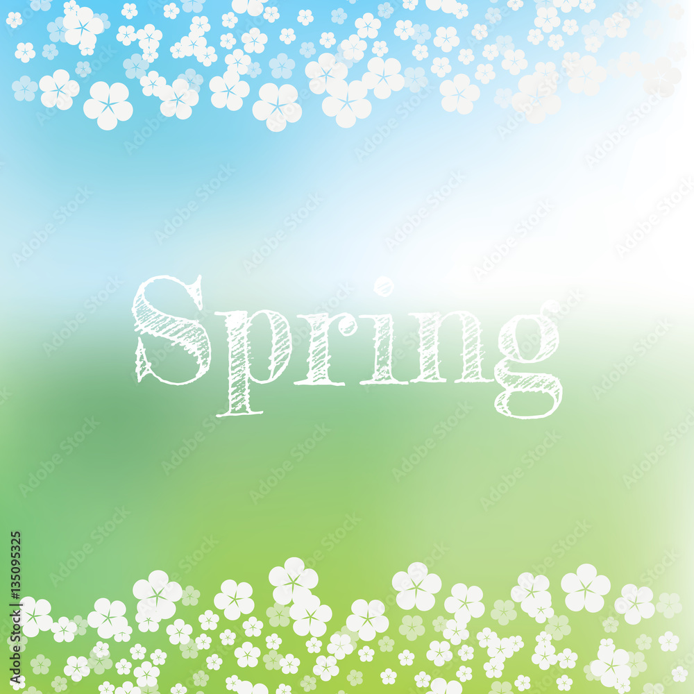 Spring abstract vector background with green, blue blurred bokeh. Handwritten typography title and blossoming flower icons.