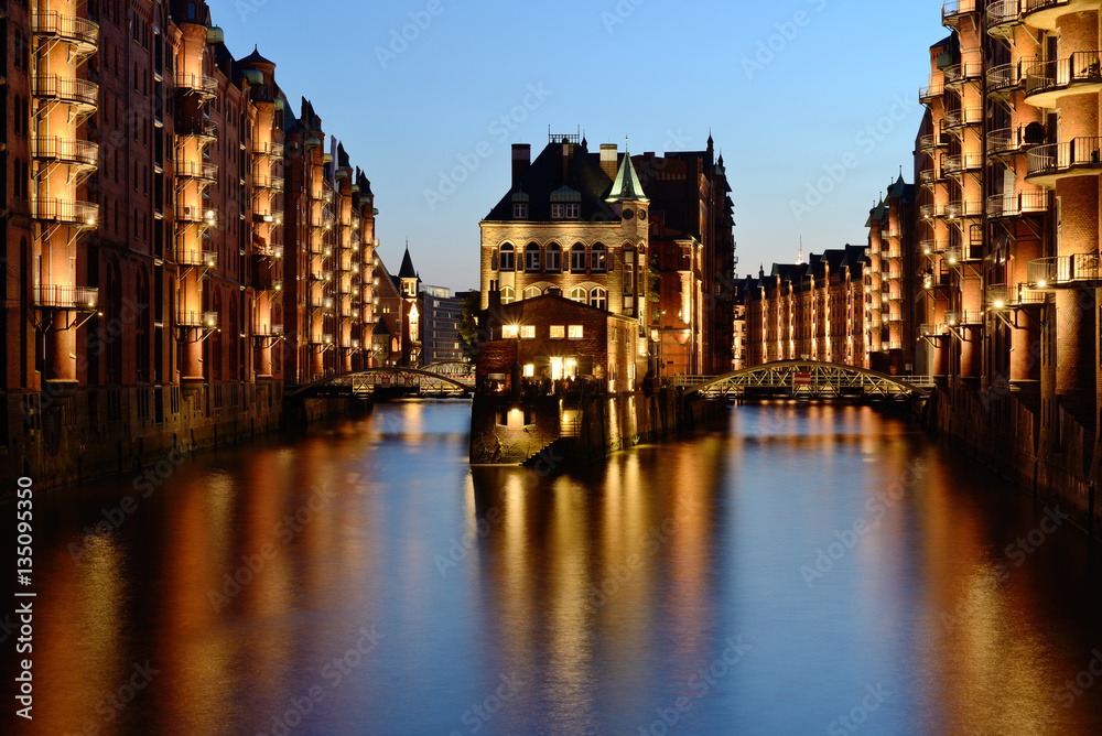 Speicherstadt, historical center of Hamburg at twilight