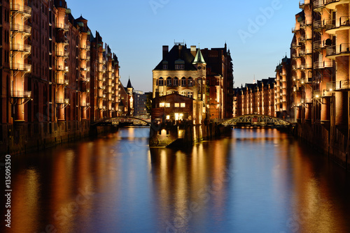 Speicherstadt, historical center of Hamburg at twilight