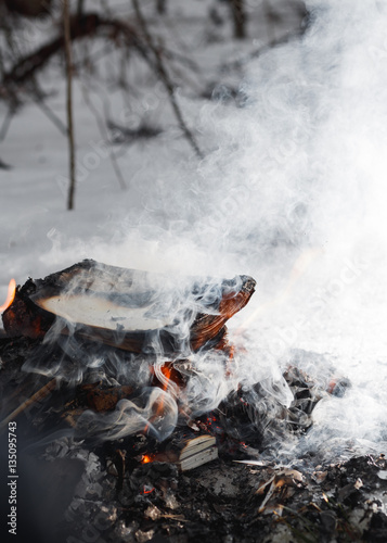 Close-up of a fire in the winter forest of old books, papers, magazines and garbage