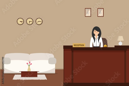 Hotel reception. Young woman receptionist stands at reception desk. There is a white sofa and table with tulips also in the picture. Travel, hospitality, hotel booking concept. Vector illustration