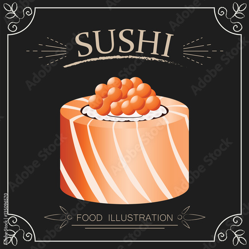 Philadelphia sushi flat food and japanese seafood. Roll with salmon isolated on black background. Asia restaurant elelments vector illustration photo