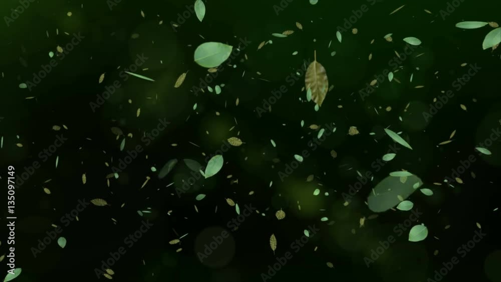 Seamless animation of 3d leaves floating in green environment wilderness forest blurry background pattern. In tree and leaf nature environment concept in 4k.
