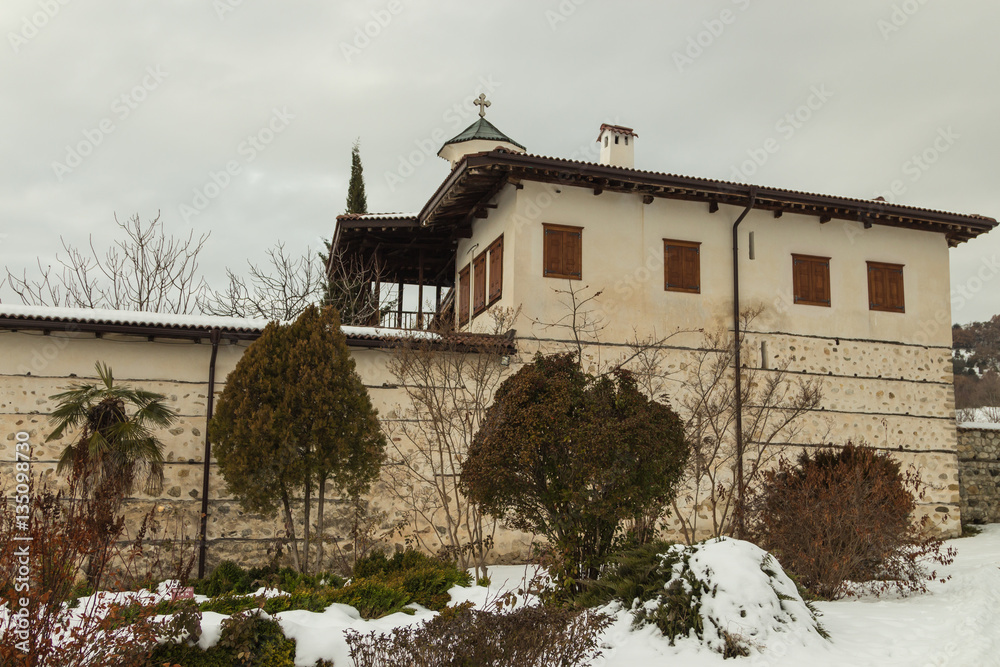 Outside view of Rozhen Monastery, was founded in 9th century, Nativity of the Mother of God, Blagoevgrad region, Bulgaria