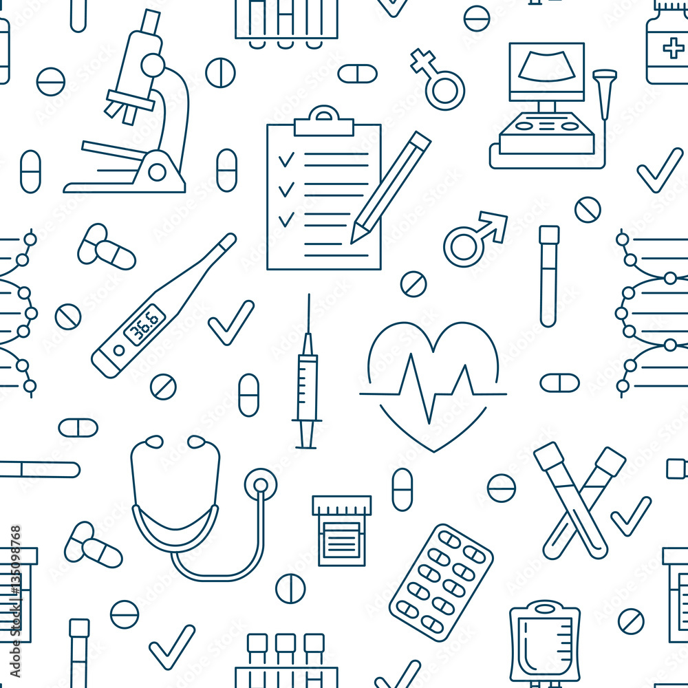 Seamless pattern medical icons, clinic vector illustration. Hospital thin line signs - thermometer, check up, diagnostic, microscope, stethoscope. Cute repeated texture for business presentation.
