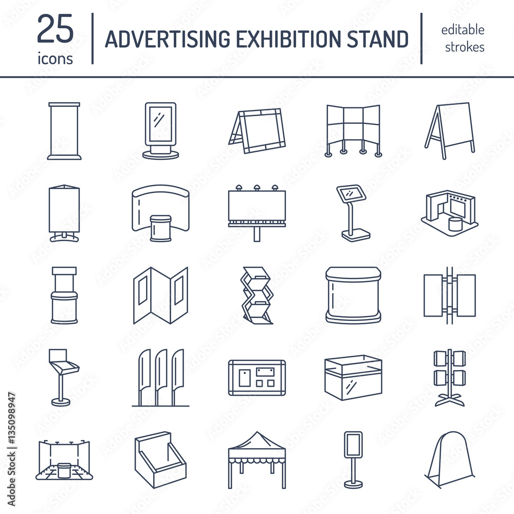Fototapeta premium Advertising exhibition banner stands, display line icons. Brochure holders, pop up boards, bow flag, billboard folding marquees and other promotion design elements. Trade objects thin linear signs.